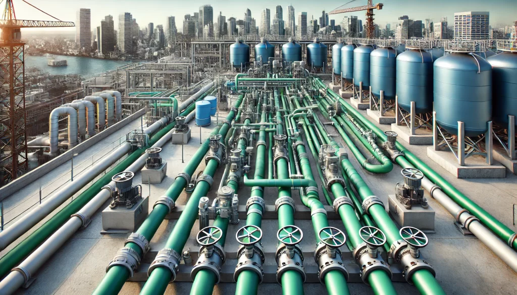 Atap industri modern yang menampilkan pipa PPR hijau terhubung ke tangki air biru, dengan beberapa katup dan sambungan terlihat. Latar belakang menampilkan pemandangan kota.